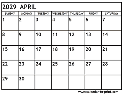 April 2029 calendar