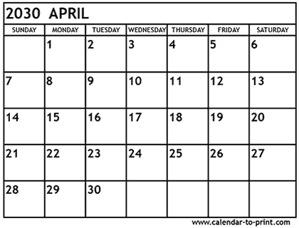 April 2030 calendar