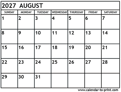 August 2027 calendar