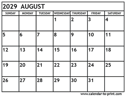 August 2029 calendar