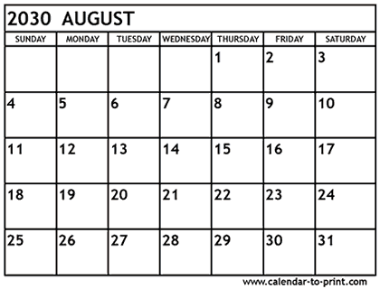 August 2030 calendar