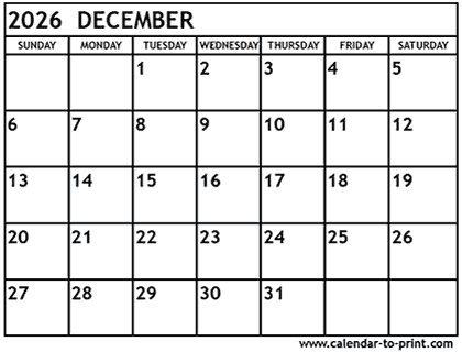 December 2026 calendar