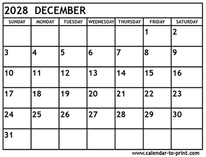 December 2028 calendar