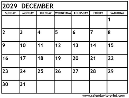 December 2029 calendar