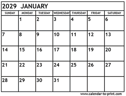 January 2029 calendar