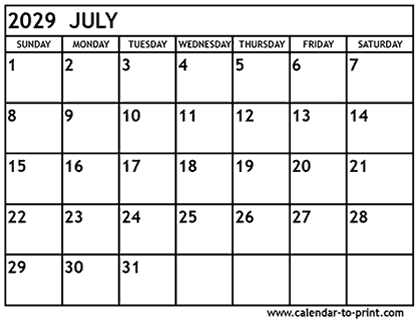July 2029 calendar