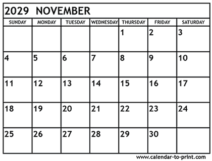 November 2029 calendar