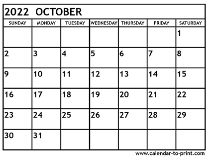 October 2022 Calendar Printable