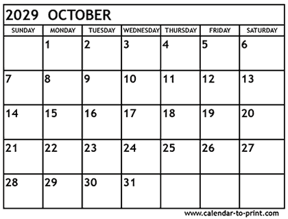 October 2029 calendar