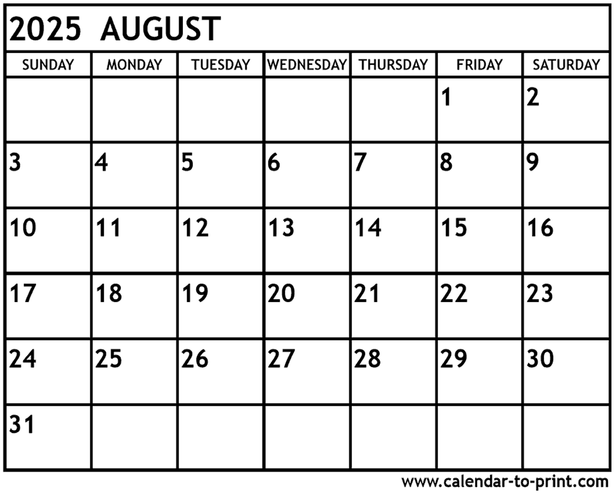 Calendar August 2025 August 2025