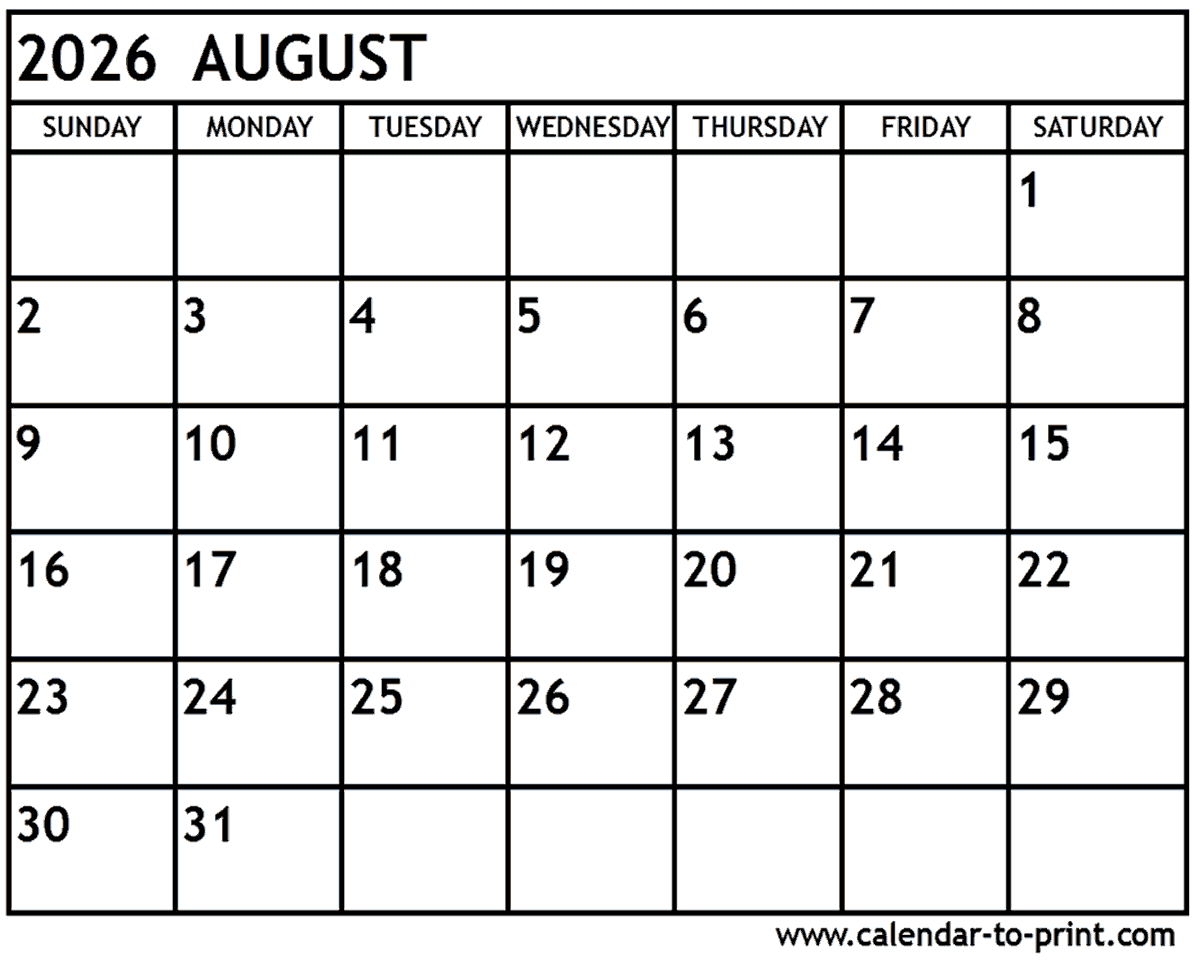 August 2026 Calendar Printable August 2026 Calendar Printable