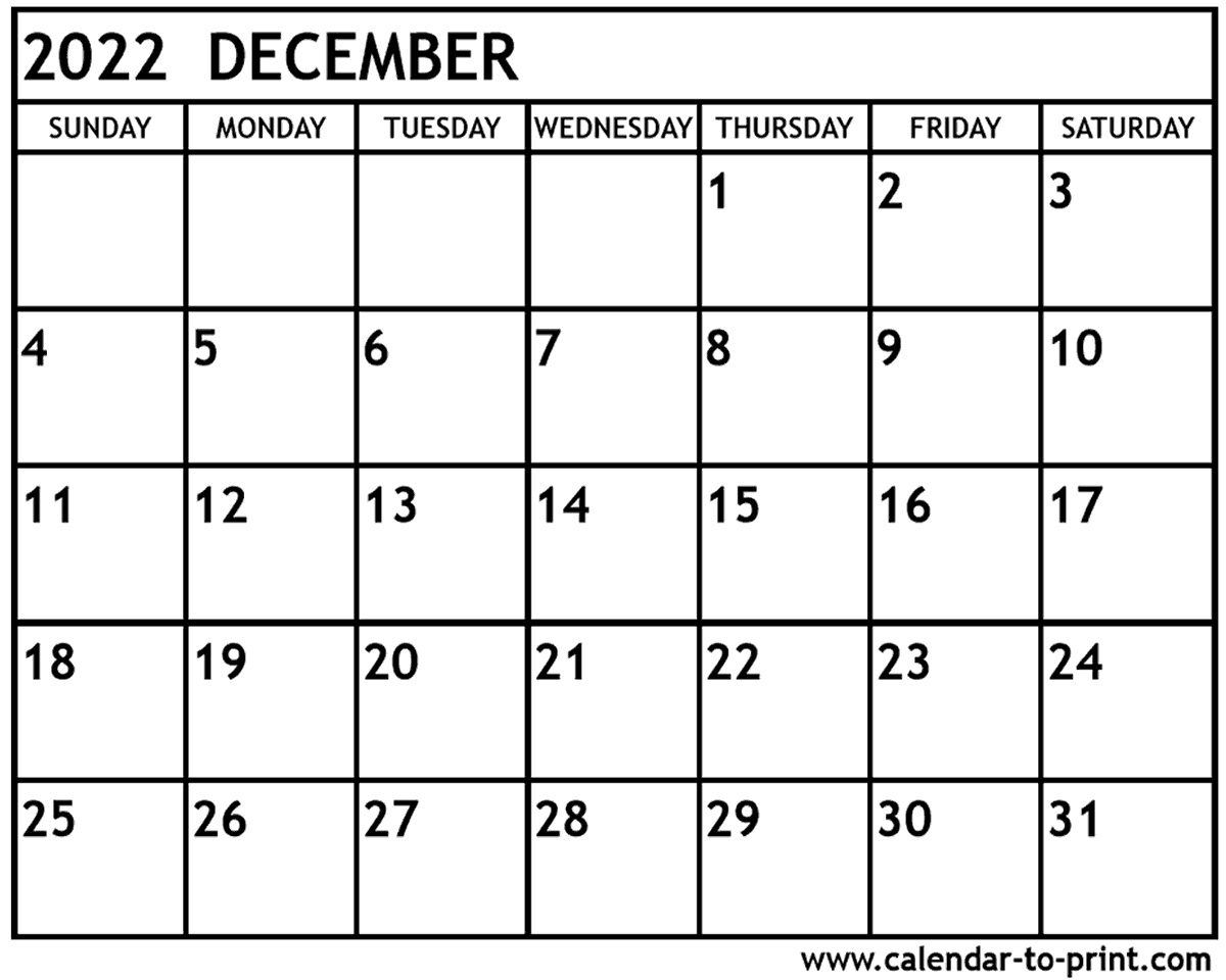 Print December 2022 Calendar December 2022 Calendar Printable
