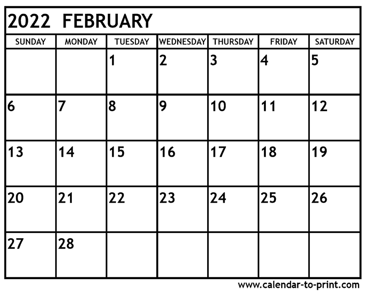 February 2022 Calendar Printable February 2022 Calendar Printable