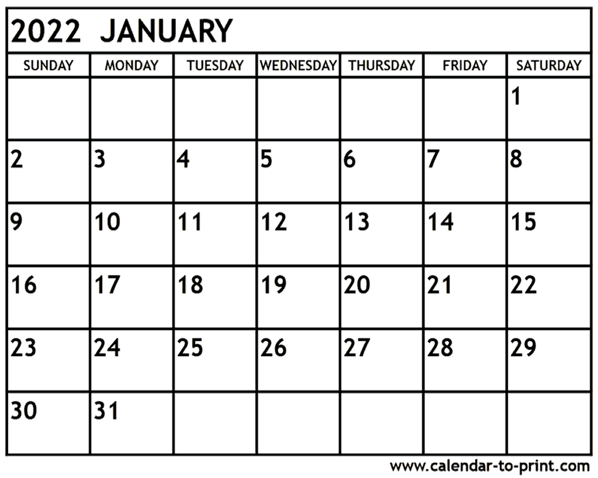 January 2022 Calendar Printable January 2022 Calendar Printable