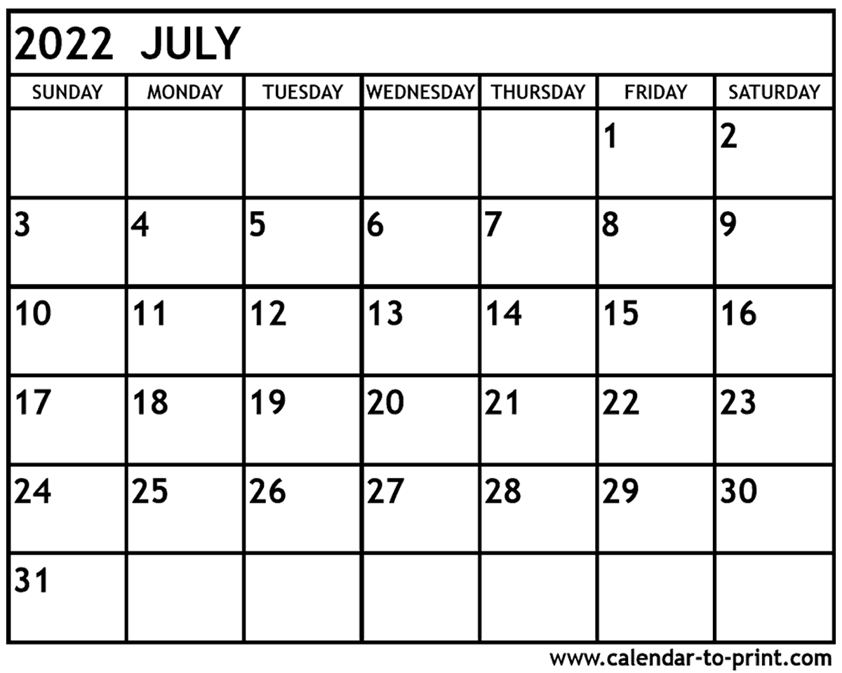 Print Calendar July 2022 July 2022 Calendar Printable