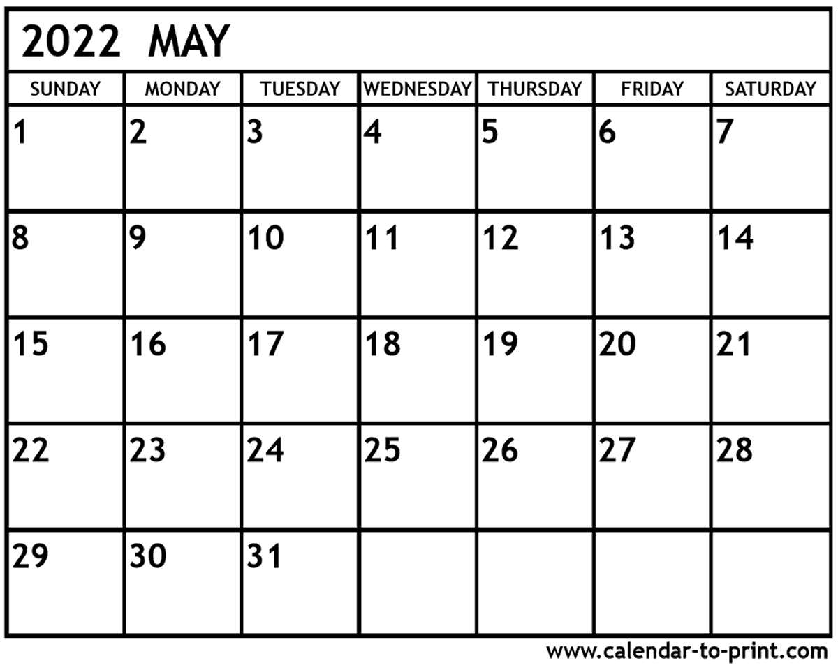 May 2022 Monthly Calendar May 2022 Calendar Printable